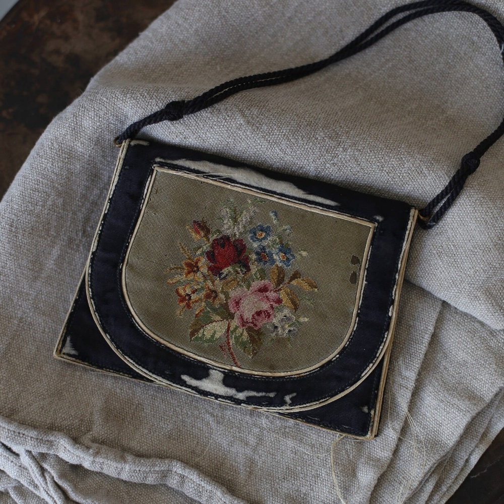 Antique French 19th Century Cloth Cosmetic Opera purse needlepoint embroidered
